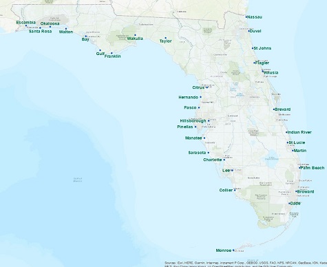 Image showing all of the beaches that moniutor water quality in the state of Florida.